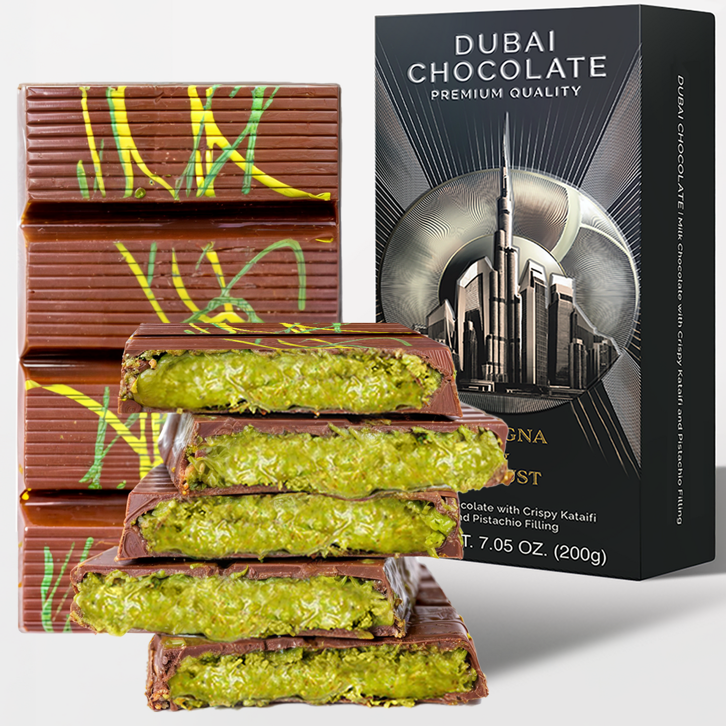 Dubai Chocolate Bar Pistachio I Viral Chocolate Bar with Pistachio Cream and Kataifi, 7.05 oz (200gr)